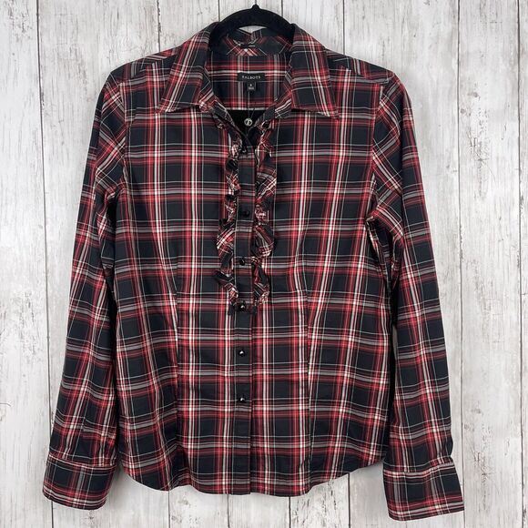 Talbots Top Women 8 Red Black Plaid Ruffle Button Up Blouse Gothic Grunge Twee - Picture 1 of 8